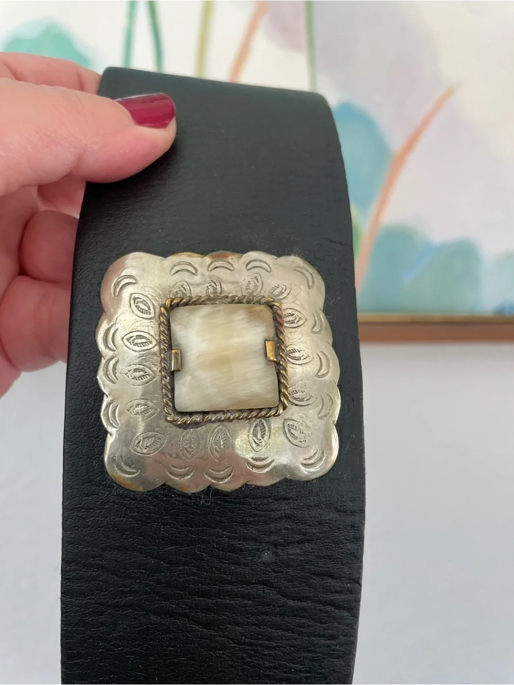 Vintage Silver Tone Concho Black Leather Bone Inlay Belt Engraved Western Belt